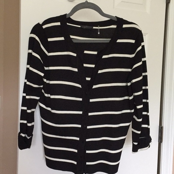 Sweaters - Women’s Mini Cardigan Size M Light Knit Black White Stripes Preppy Capsule